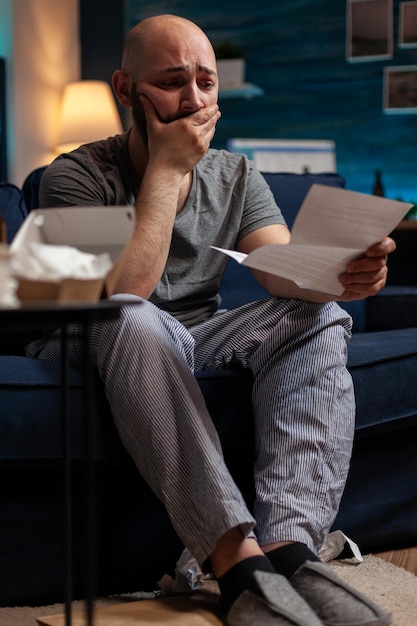Desperate frustrated adult worrying about eviction notice letter, feeling sad about financial crisis. Anxious man with chronic depression having to pay taxes, reading bank warning paper.