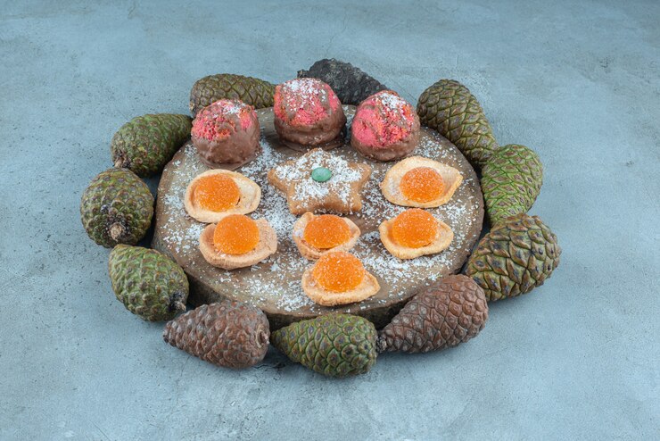 Free Photo dessert assortment in the middle of a pine cone circle on marble.