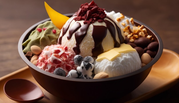 Free photo dessert bowl with fresh fruit chocolate indulgence generative ai