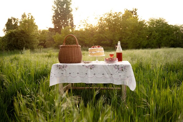 Dessert and drink on table outdoors