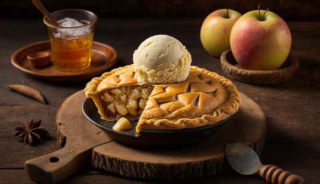 Dessert of fresh apple pie on rustic wooden table generative AI