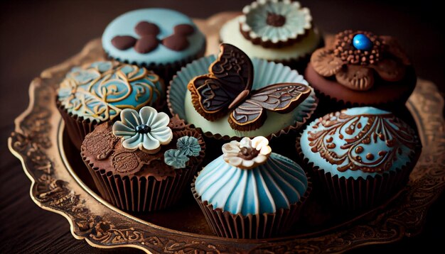 Шоколадный кекс с изысканным десертом, испеченный с изысканным украшением, созданным искусственным интеллектом