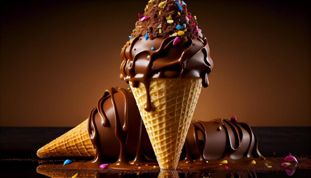 Dessert Indulgence Gourmet Chocolate Ice Cream on Waffle Cone generative AI