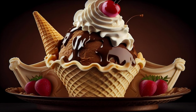 Десертное удовольствие Мороженое Шоколад свежие ягоды генеративный AI