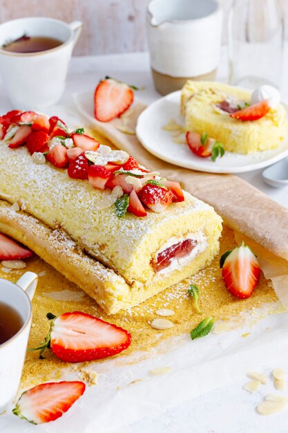 イチゴのロールケーキ写真とデザートとお茶
