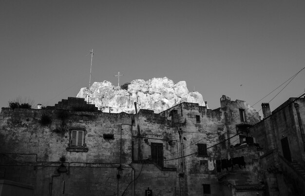 Destroyed architecture with great white mountain