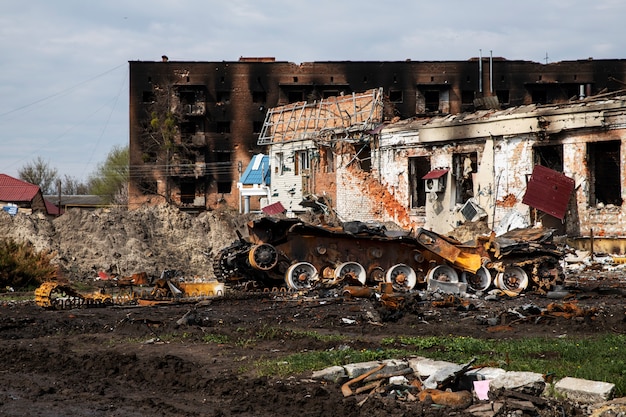 Free photo destroyed city russian's war in ukraine