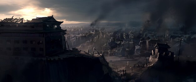 The destroyed city.