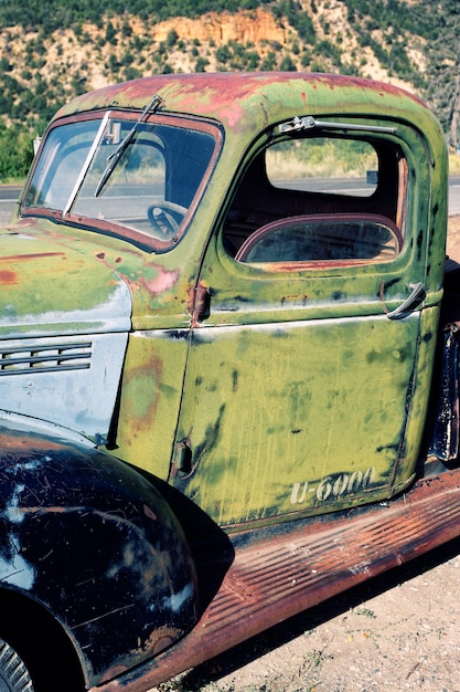 Destroyed old truck out in the desert