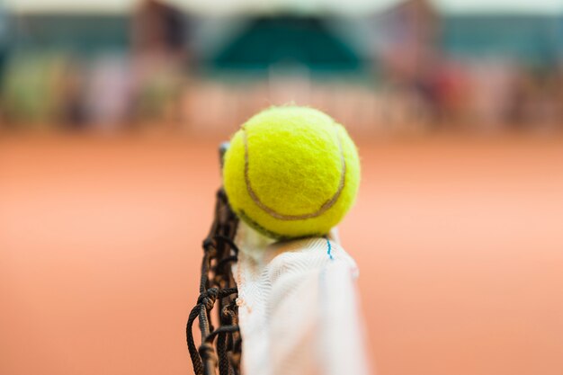 Detail of tennis ball on net