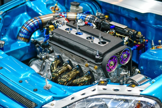 Details of blue car engine modification of the turbo engine