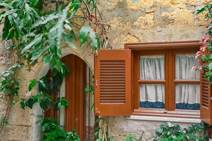 मुफ़्त फोटो details of a traditional greek house with wooden blinds and flowers near the window an idea for a background or an article the city of rhodes a trip to the popular places