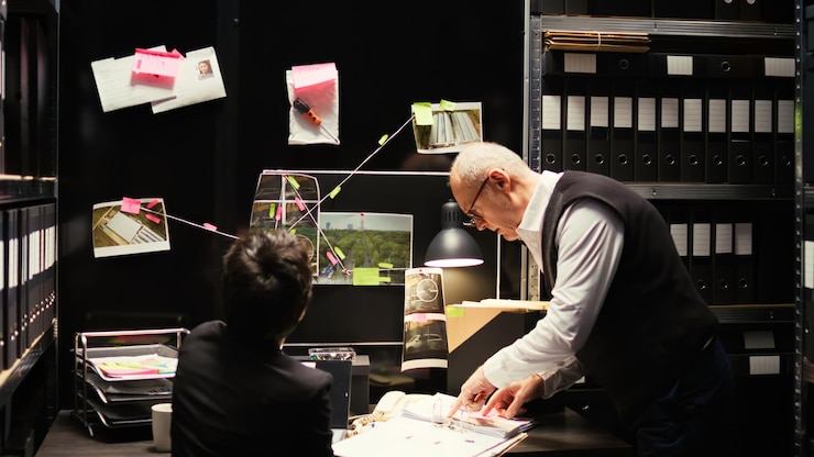 Free Photo detectives team inspecting case files
