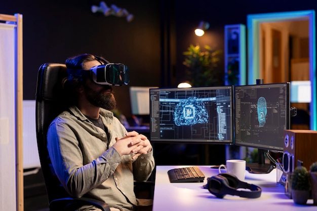 Developer using VR headset to chat with sentient artificial intelligence