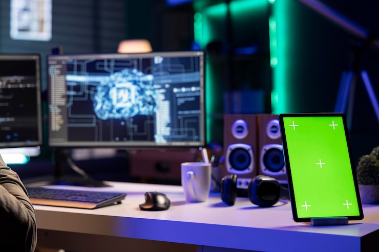 Free Photo developer working on coding ai on desktop pc mockup smartphone on desk