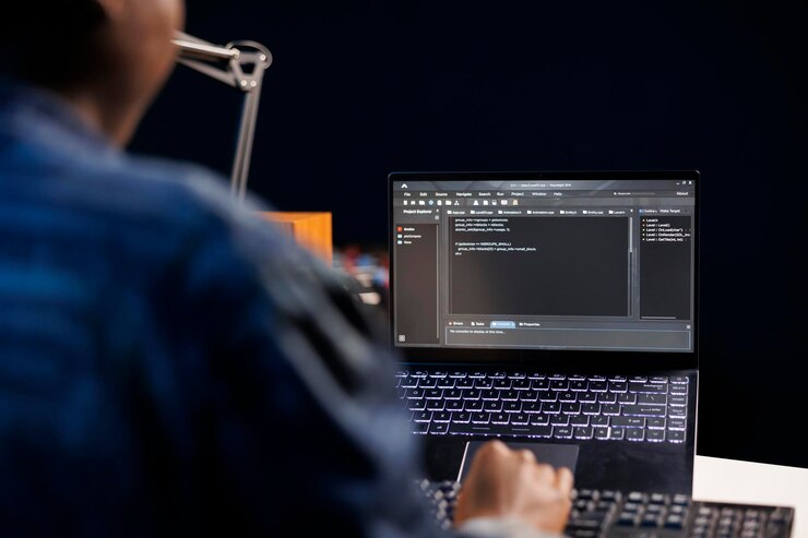 Free Photo developer works on data center on laptop