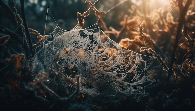 Бесплатное фото Капля росы на паутине в жутком лесу, созданная искусственным интеллектом
