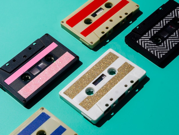 Diagonal view colorful cassette tapes arranged