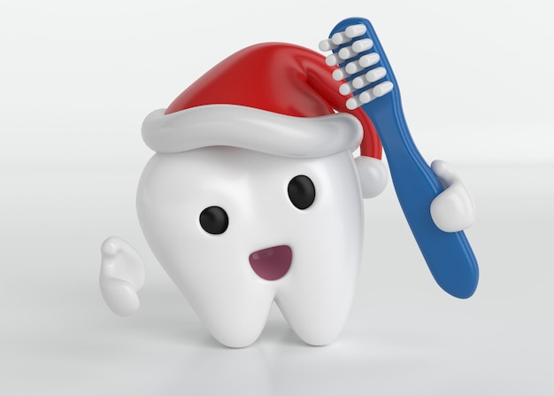 Diente saludable blanco con sombrero de navidad y cepillo de dientes