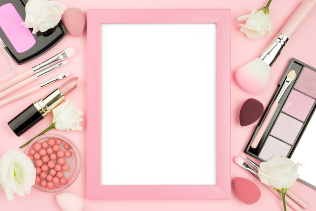 Free photo different beauty products assortment with empty frame