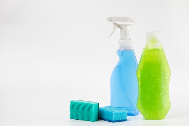 Different cleaning items with white background