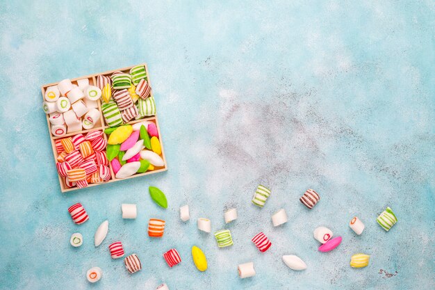 Different colorful sugar candies,top view