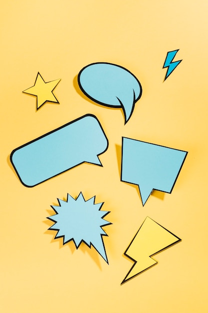 Free photo different comic colored empty speech bubble set on colored background