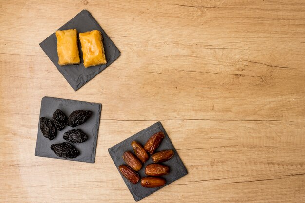 Different dried fruits with eastern sweets 