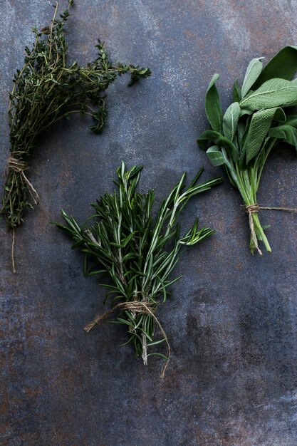 Different herbs in black table, top view