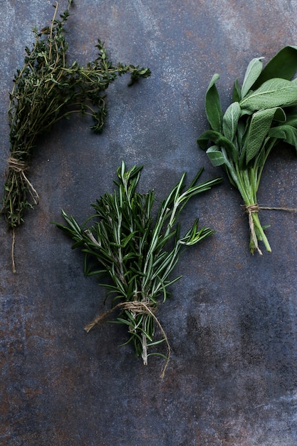 Different herbs in black table, top view