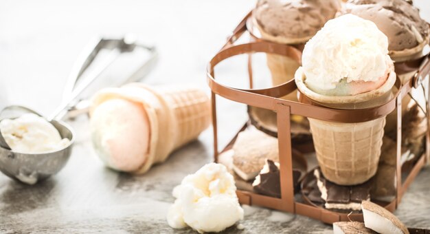 different ice cream in a cone