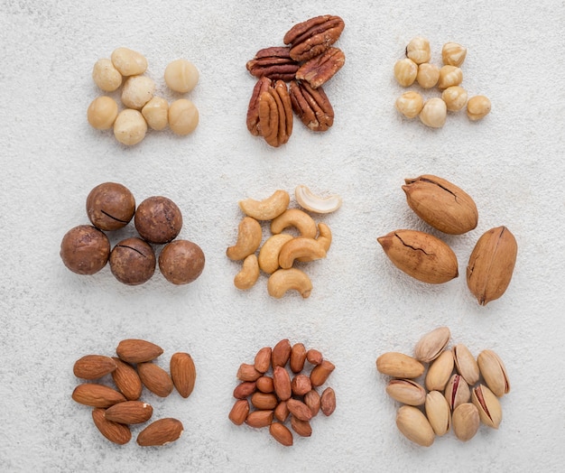 Different kinds of nuts in piles