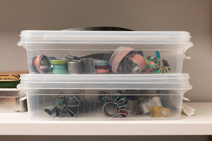 Free Photo different metal pieces in plastic boxes