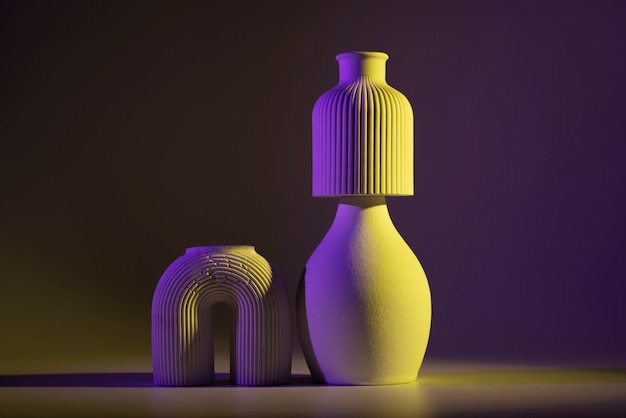 Free photo different modern vases with yellow and purple light