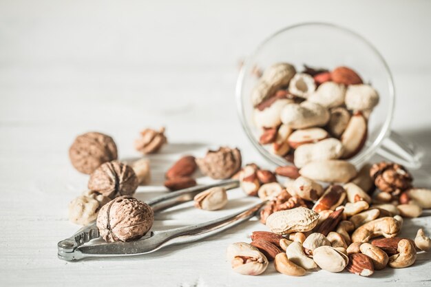 different nuts with recodable closeup ,concept of healthy nutrition