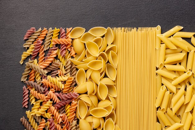 Different pasta arrangement top view