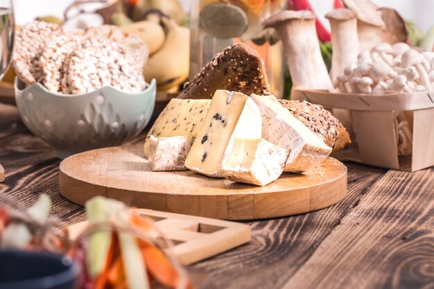 different products on the table, cheese, bread