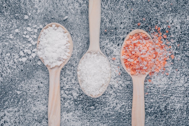 Different salt in wooden spoons