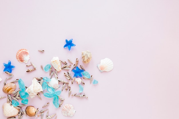 Different sea shells with blue stones 