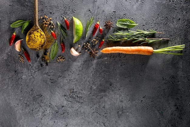 Different Spices Food Ingredients Wooden Spoon on Grey Table Background