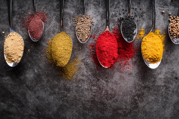 Different spoons assortment with spices