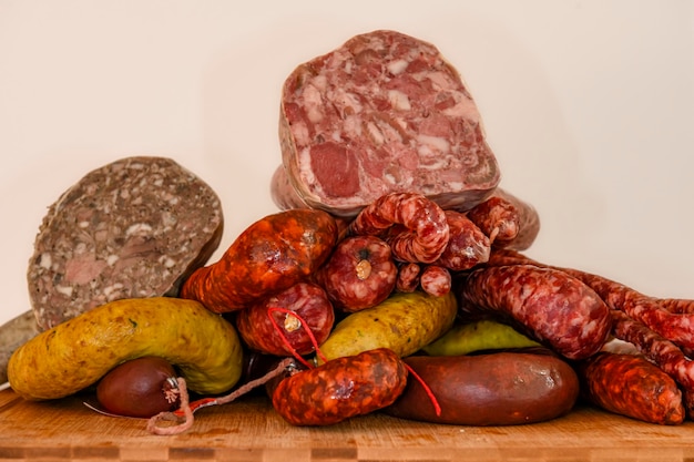 Different types of ingredients and sausages made by hand