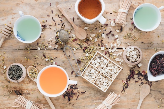 Different types of tea in ceramic cup with herbs and honey dipper