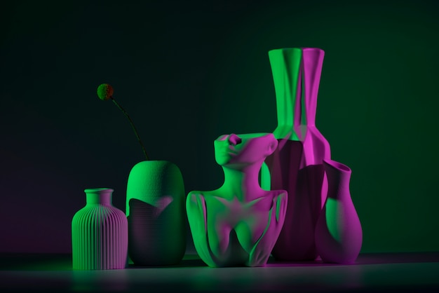 緑とピンクの光の異なる花瓶