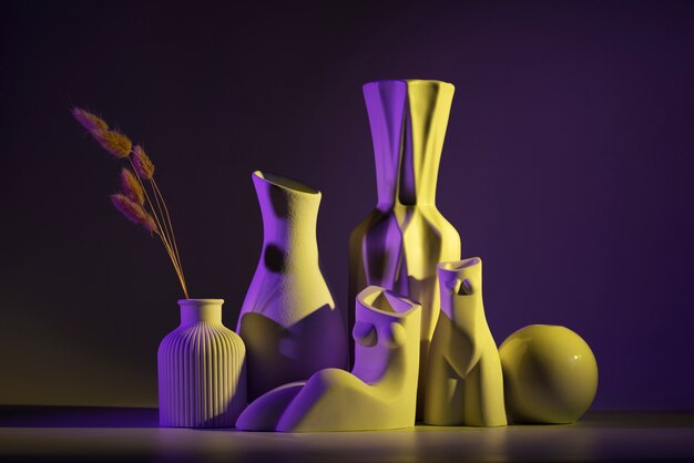 Different vases with purple and yellow light