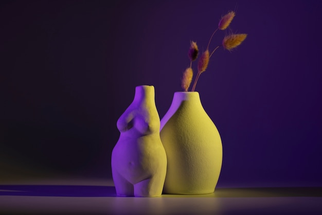 Free photo different vases with purple and yellow light