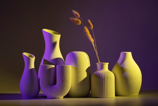 Different vases with yellow and purple light assortment