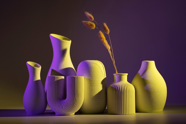 Различные вазы с ассортиментом желтого и фиолетового света