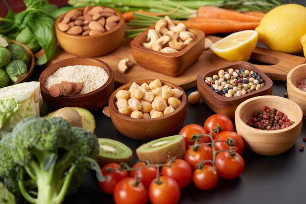 Different vegetables, seeds and fruits on table. Flat-lay, top view.