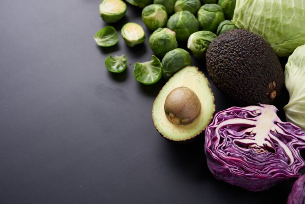 Different vegetables on table. Flat-lay, top view.